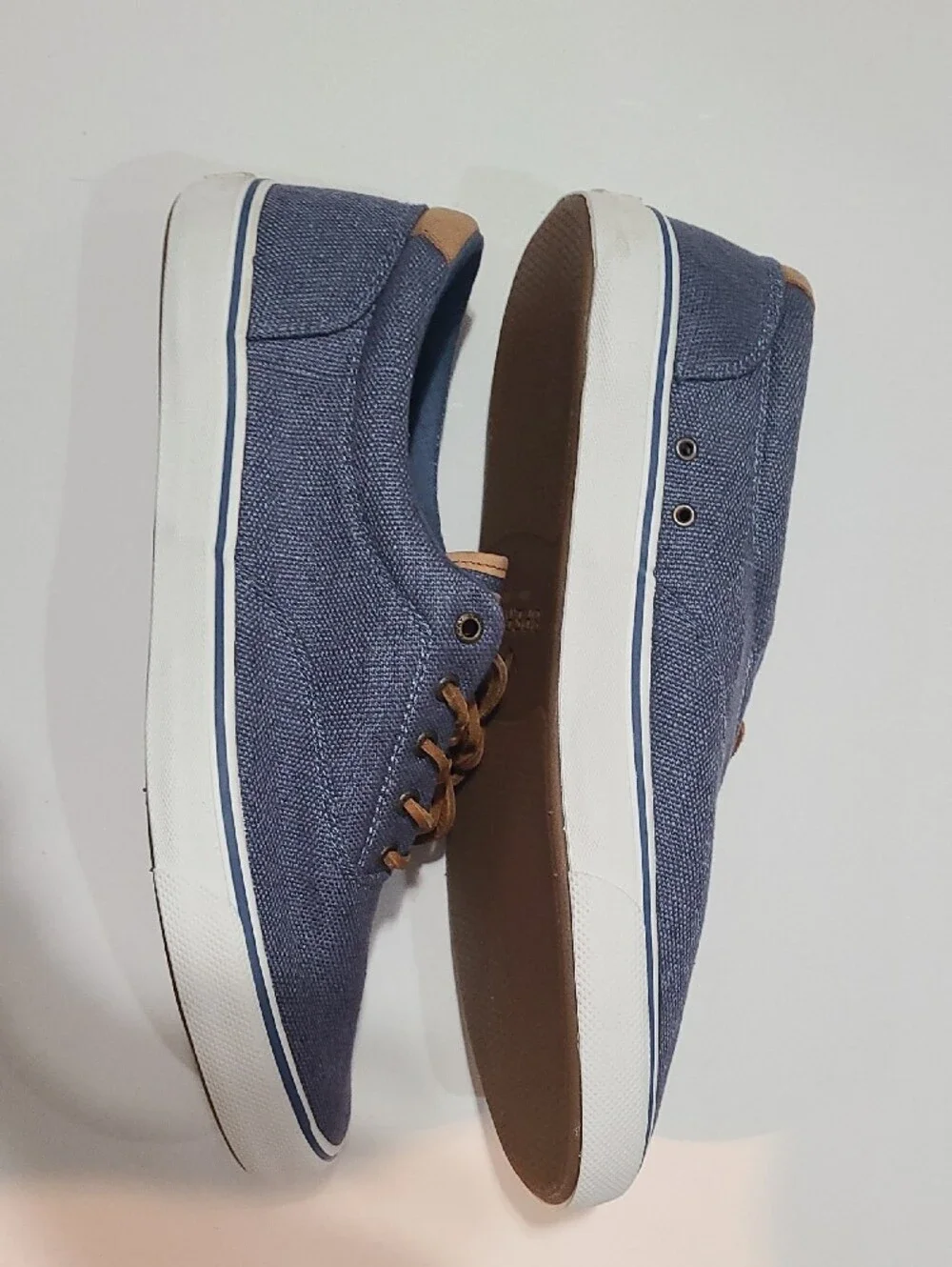 Sperry Blue Canvas Boat Shoes with Tan Leather Trim